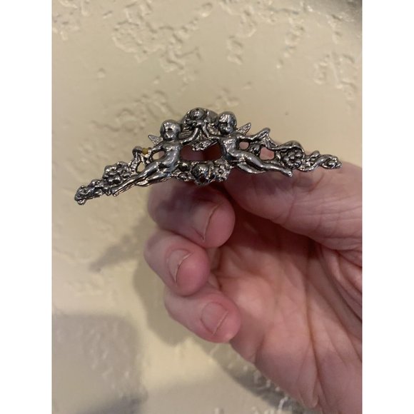 VTG Silver Tone Cherub Victorian Rose Swag Brooch Push Pin Clasp Detailed Ornate - Picture 9 of 9